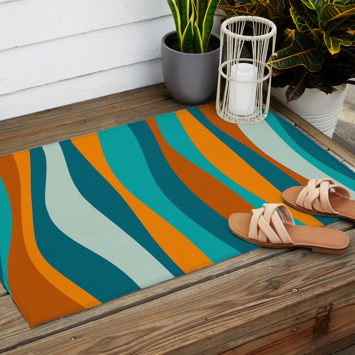 Liquid Stripes in Rust Orange Aqua Turquoise Teal  Outdoor Rug Gallery Image 2