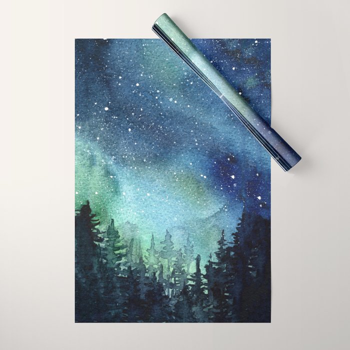 Galaxy Watercolor Aurora Borealis Painting Wrapping Paper Gallery Image 1
