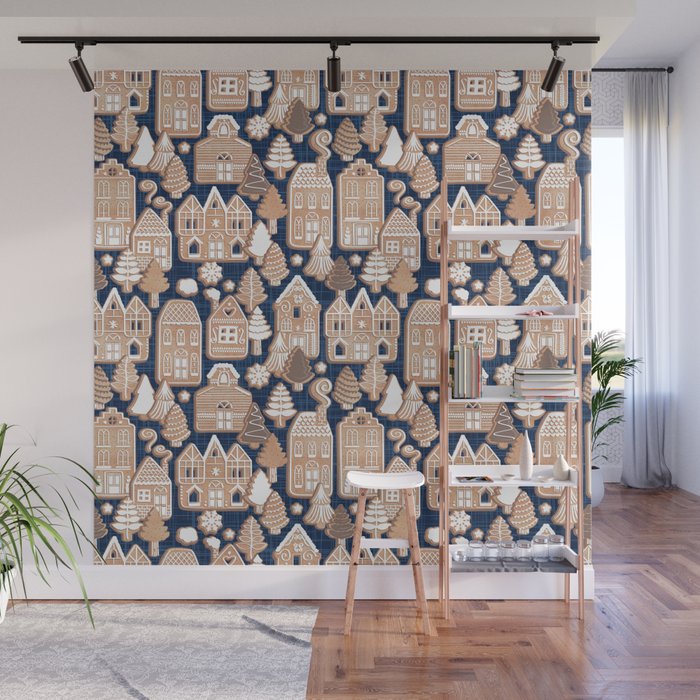 Whimsical Gingerbread Christmas Village // blue and brown Wall Mural Gallery Image 1