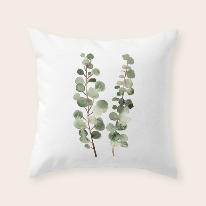 Eucalyptus (watercolor finger painting) Throw Pillow Gallery Image 6