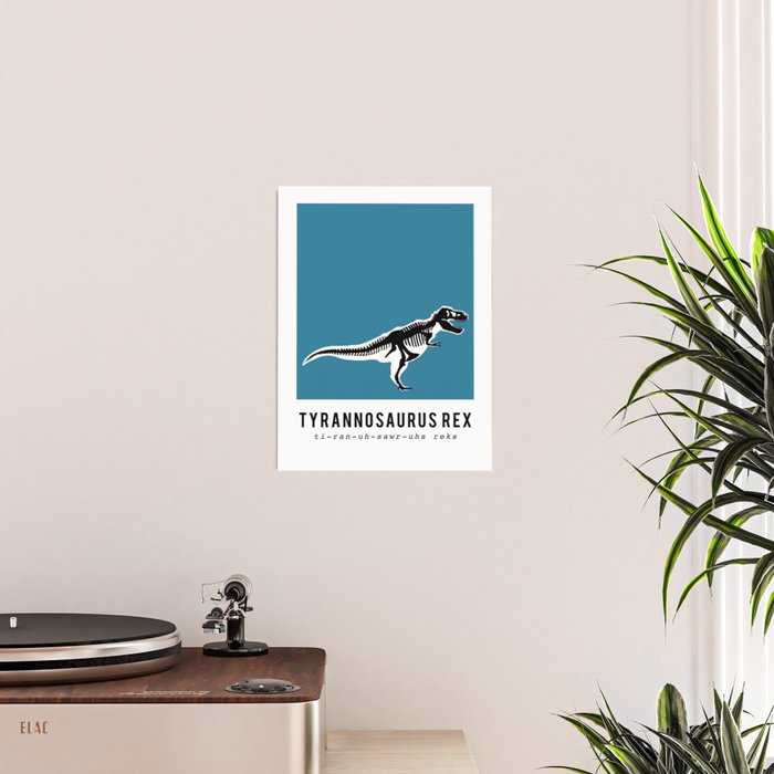 T-Rex Dinosaur Fossil / Skeleton in blue Poster Gallery Image 2