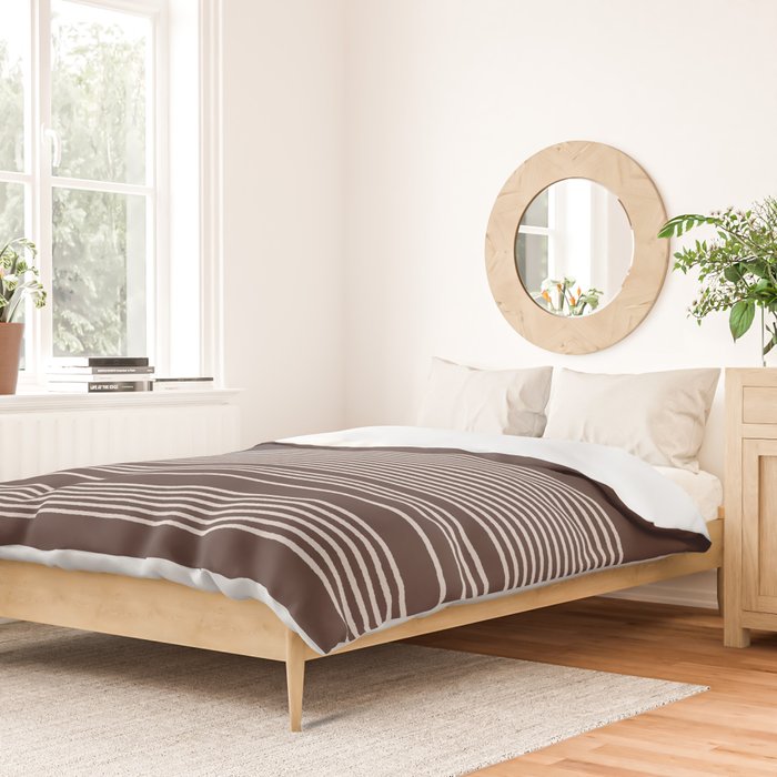 Ink Stripes Organic Minimalist Pattern Brown and Cream Duvet Cover Gallery Image 2
