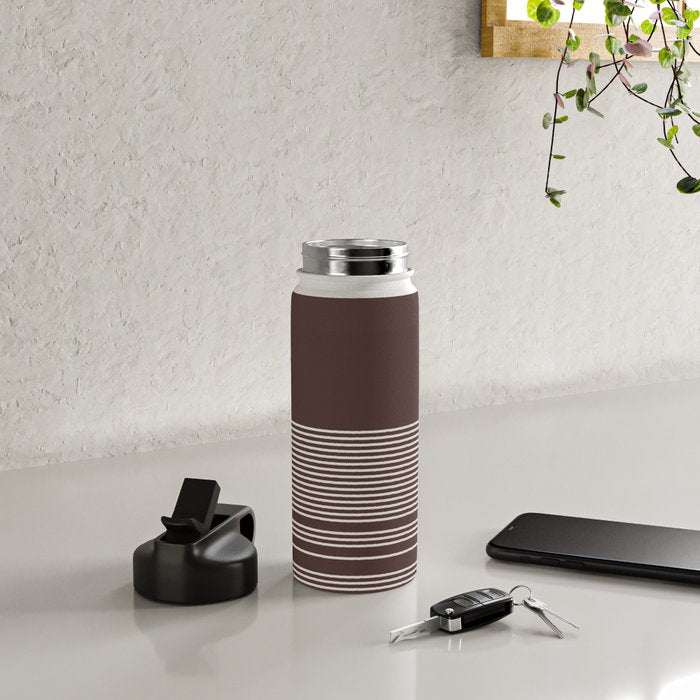 Ink Stripes Organic Minimalist Pattern Brown and Cream Water Bottle Gallery Image 4