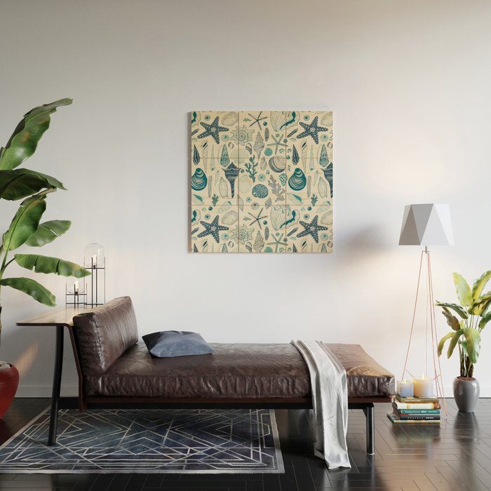 Sea shells on off white Wood Wall Art Gallery Image 2