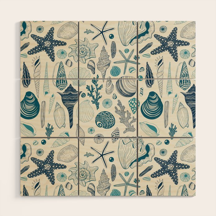Sea shells on off white Wood Wall Art Gallery Image 1