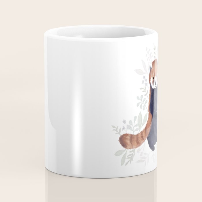 Cute Red Panda and Coffee / French Press and Botanicals Art Print, Green, Orange, Navy  Coffee Mug Gallery Image 4