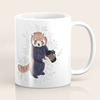 Cute Red Panda and Coffee / French Press and Botanicals Art Print, Green, Orange, Navy  Coffee Mug Gallery Image 1