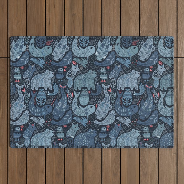 Arctic animals Polar bear, narwhal, seal, fox, puffin, whale  Outdoor Rug Gallery Image 1
