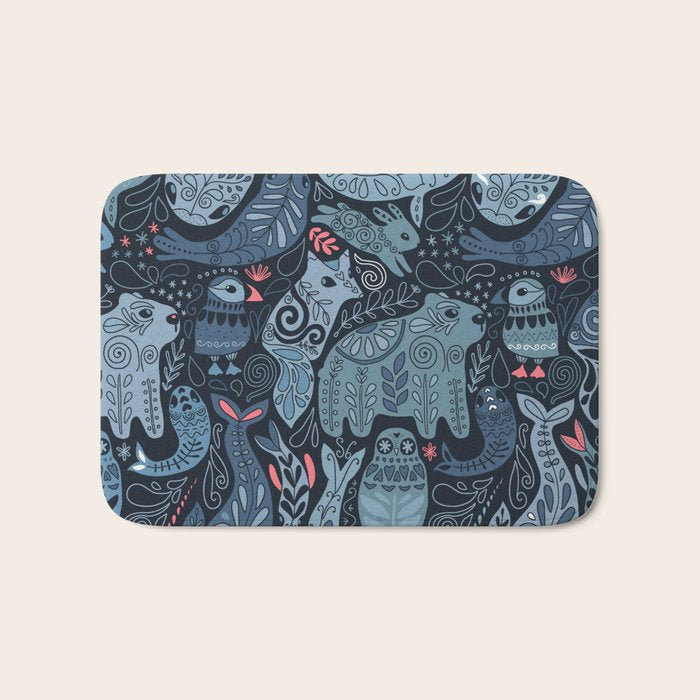 Arctic animals Polar bear, narwhal, seal, fox, puffin, whale  Bath Mat Gallery Image 1