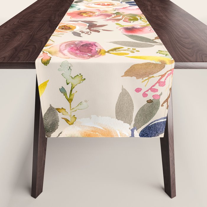 Hand painted ivory pink brown watercolor country floral Table Runner Gallery Image 1