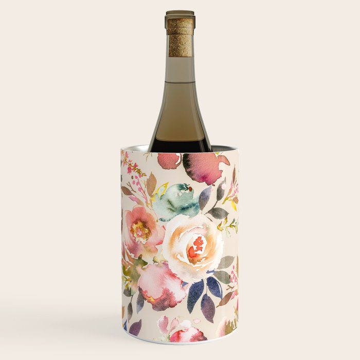 Hand painted ivory pink brown watercolor country floral Wine Chiller Gallery Image 1