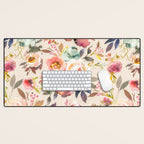 Hand painted ivory pink brown watercolor country floral Desk Mat Gallery Image 1