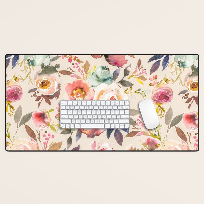 Hand painted ivory pink brown watercolor country floral Desk Mat Gallery Image 1