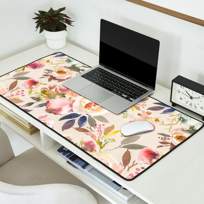Hand painted ivory pink brown watercolor country floral Desk Mat Gallery Image 2