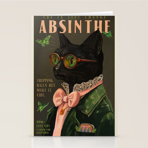 Absinthe Cat Vintage Alcohol Wall Art, Colorful Kitchen, Cocktail Bar And Man Cave Art Stationery Card Gallery Image 2