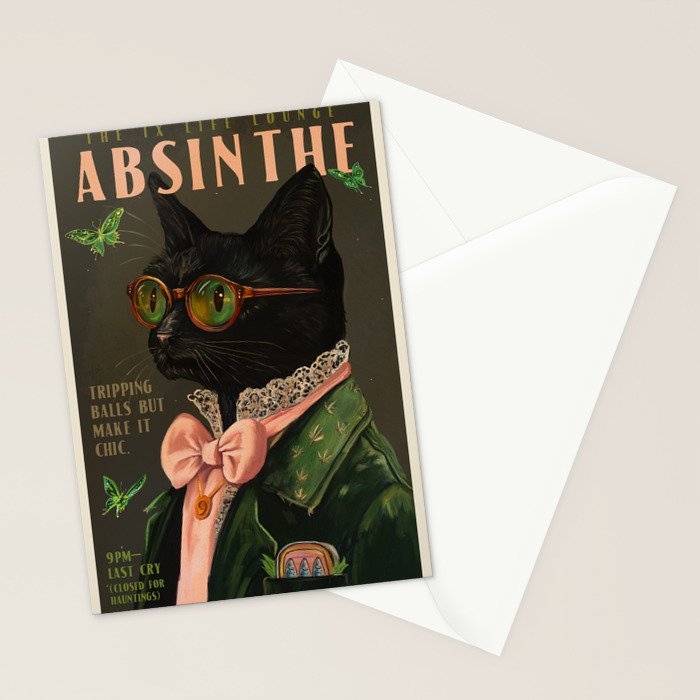 Absinthe Cat Vintage Alcohol Wall Art, Colorful Kitchen, Cocktail Bar And Man Cave Art Stationery Card Gallery Image 2