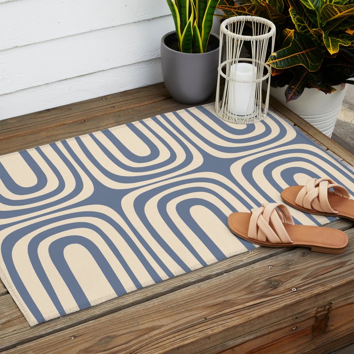 Midcentury Modern Confaab Abstract Pattern in Stone Blue and Cream Outdoor Rug Gallery Image 2