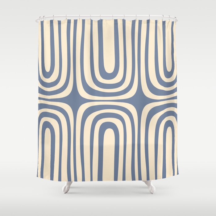 Midcentury Modern Confaab Abstract Pattern in Stone Blue and Cream Shower Curtain Gallery Image 1