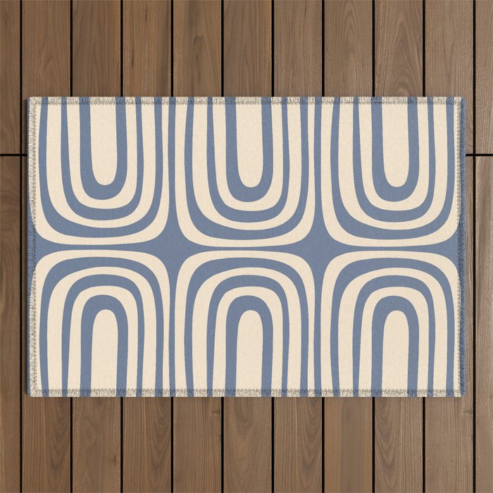 Midcentury Modern Confaab Abstract Pattern in Stone Blue and Cream Outdoor Rug Gallery Image 1