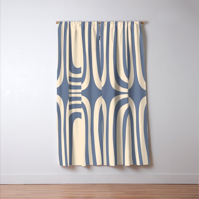 Midcentury Modern Confaab Abstract Pattern in Stone Blue and Cream Window Curtain Gallery Image 3