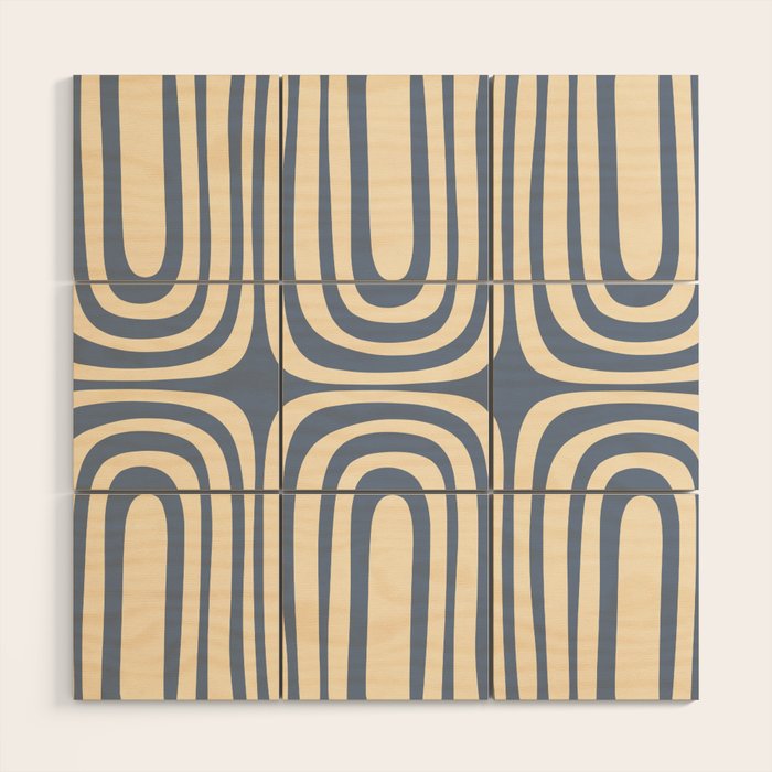 Midcentury Modern Confaab Abstract Pattern in Stone Blue and Cream Wood Wall Art Gallery Image 1