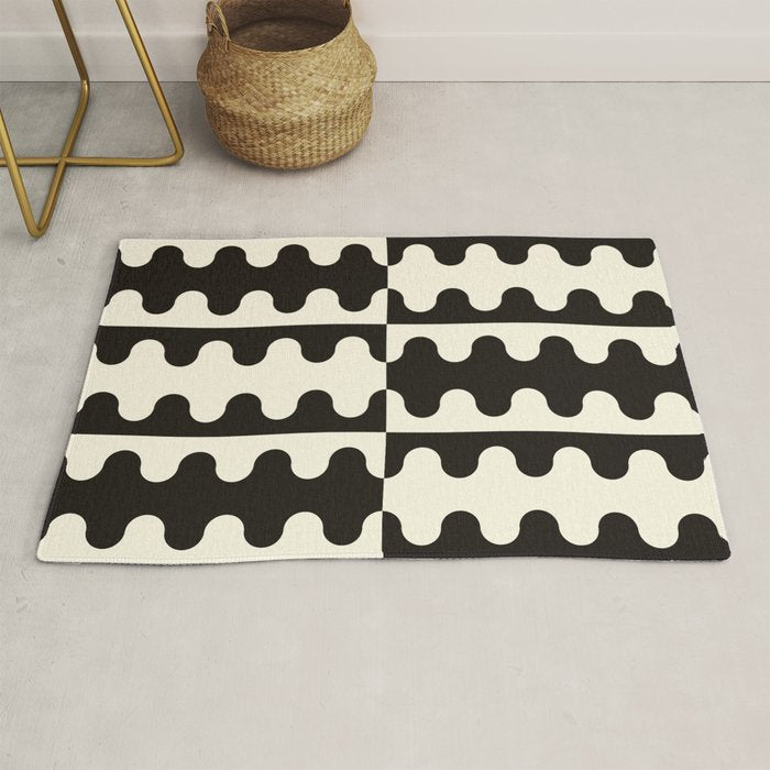 Abstract Mid-Century Black & White Wavy Pattern Rug Gallery Image 1