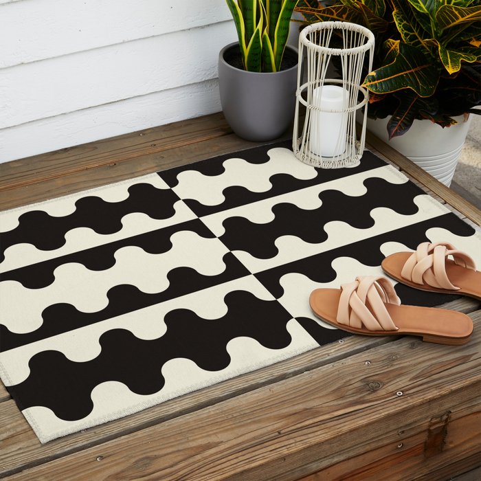 Abstract Mid-Century Black & White Wavy Pattern Outdoor Rug Gallery Image 2