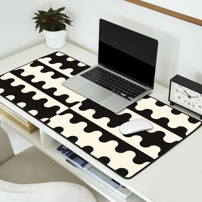 Abstract Mid-Century Black & White Wavy Pattern Desk Mat Gallery Image 2