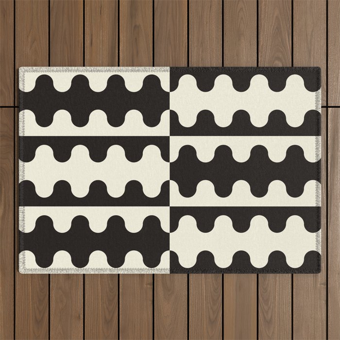Abstract Mid-Century Black & White Wavy Pattern Outdoor Rug Gallery Image 1