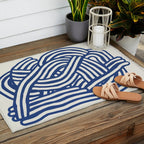 Line art organic shape in blue Outdoor Rug Gallery Image 2