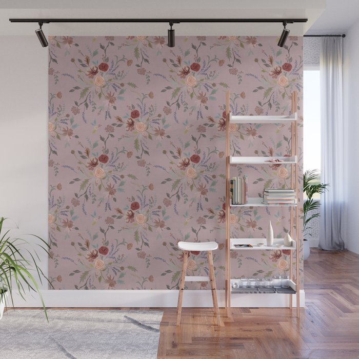 Bohemian Watercolor Floral - Cool Pink Wall Mural Gallery Image 1