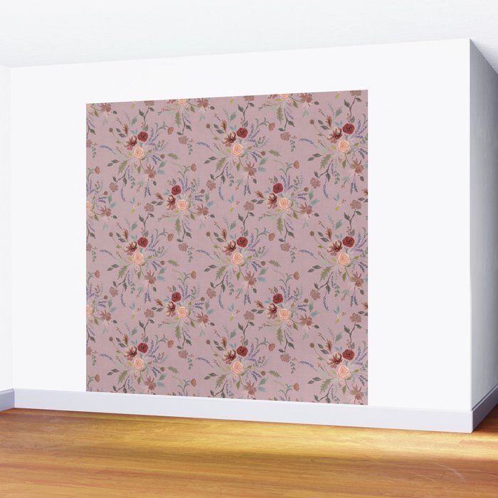Bohemian Watercolor Floral - Cool Pink Wall Mural Gallery Image 2