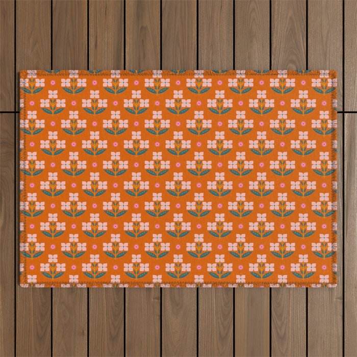 Retro Pink Floral Bunches Pattern - Terracotta  Outdoor Rug Gallery Image 1