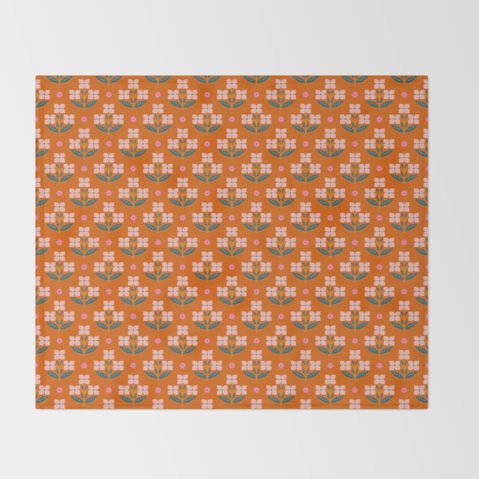 Retro Pink Floral Bunches Pattern - Terracotta  Throw Blanket Gallery Image 2