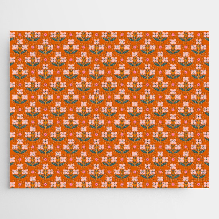 Retro Pink Floral Bunches Pattern - Terracotta  Jigsaw Puzzle Gallery Image 1