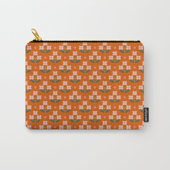 Retro Pink Floral Bunches Pattern - Terracotta  Carry All Pouch Gallery Image 1