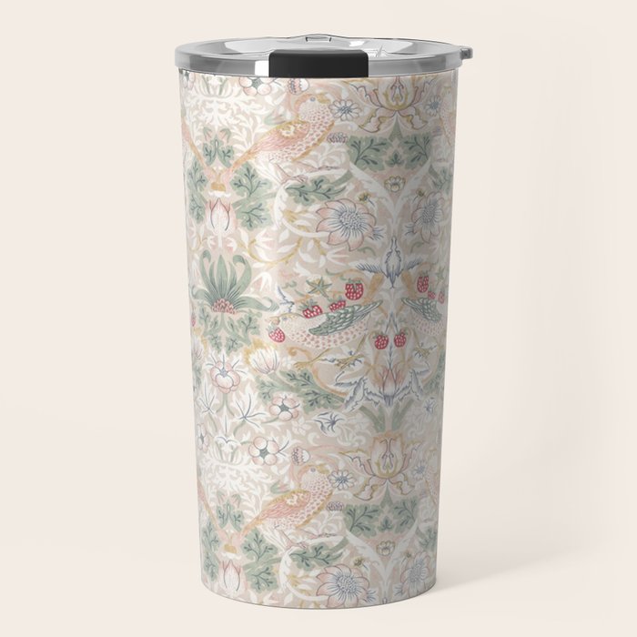 William Morris Vintage Strawberry Thief Soft Cream Pattern Travel Mug Gallery Image 1
