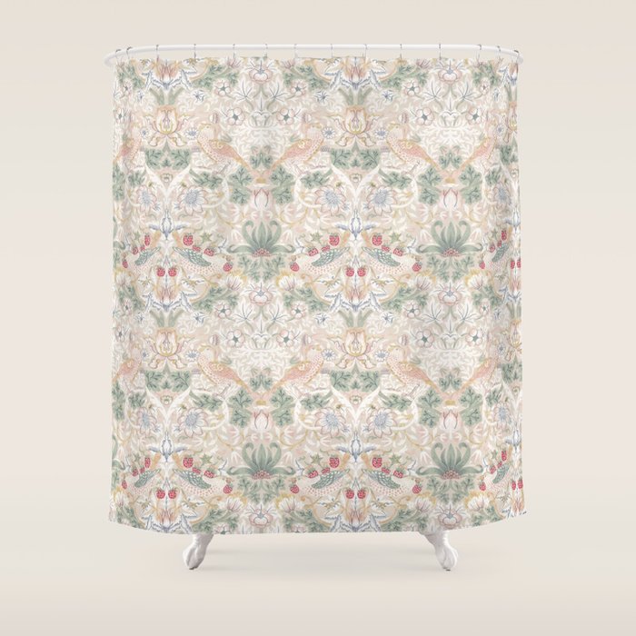 William Morris Vintage Strawberry Thief Soft Cream Pattern Shower Curtain Gallery Image 1