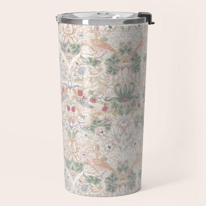 William Morris Vintage Strawberry Thief Soft Cream Pattern Travel Mug Gallery Image 2