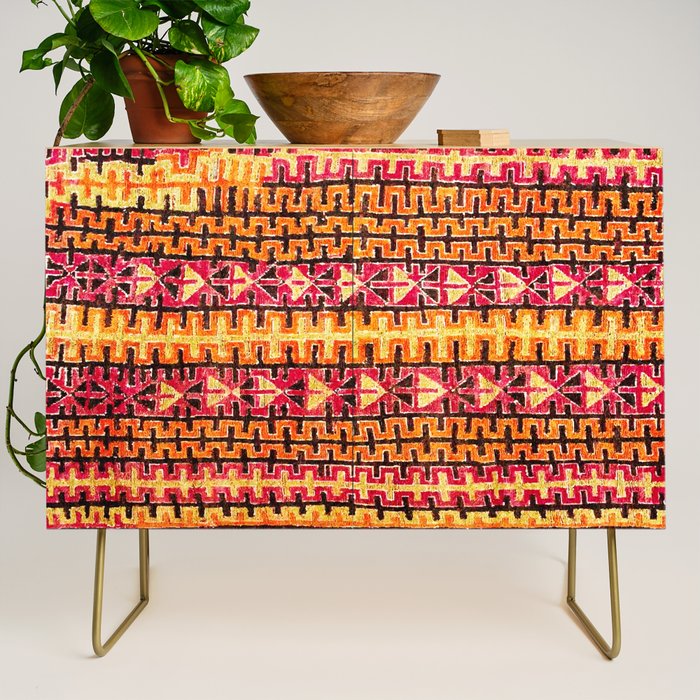 Red Orange Striped Geometric Abstract Antique Moroccan Rug Print Credenza Gallery Image 1