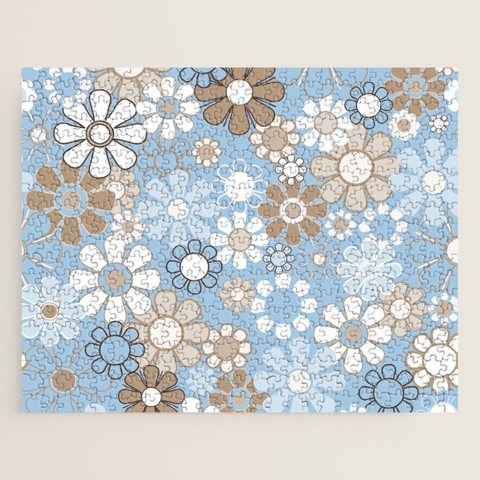 Floral Retro Garden Flower Pattern in Ice Blue Jigsaw Puzzle Gallery Image 1