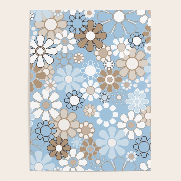 Floral Retro Garden Flower Pattern in Ice Blue Poster Gallery Image 4