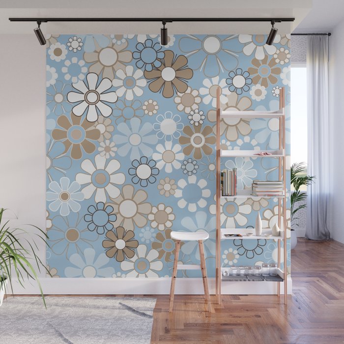 Floral Retro Garden Flower Pattern in Ice Blue Wall Mural Gallery Image 1