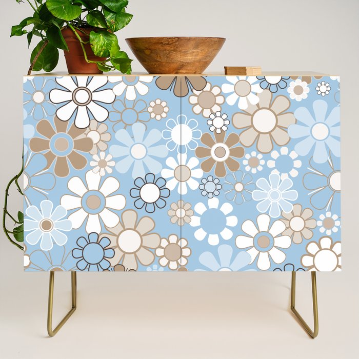 Floral Retro Garden Flower Pattern in Ice Blue Credenza Gallery Image 1