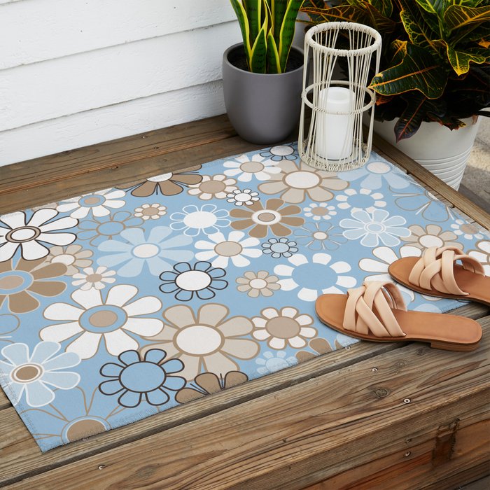 Floral Retro Garden Flower Pattern in Ice Blue Outdoor Rug Gallery Image 2