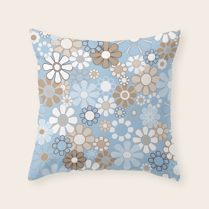 Floral Retro Garden Flower Pattern in Ice Blue Throw Pillow Gallery Image 1