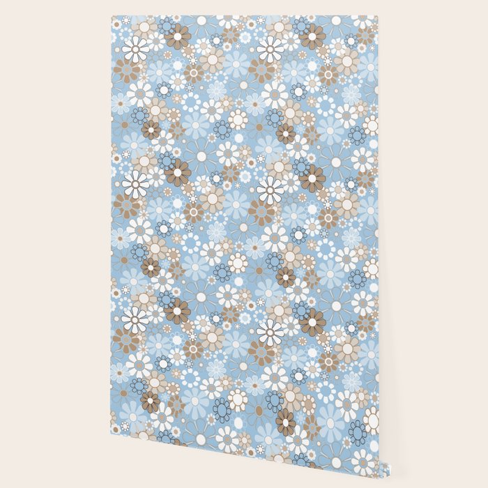 Floral Retro Garden Flower Pattern in Ice Blue Wallpaper Gallery Image 2