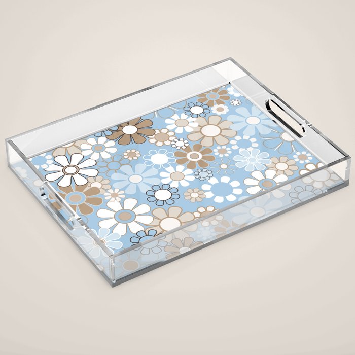 Floral Retro Garden Flower Pattern in Ice Blue Acrylic Tray Gallery Image 1