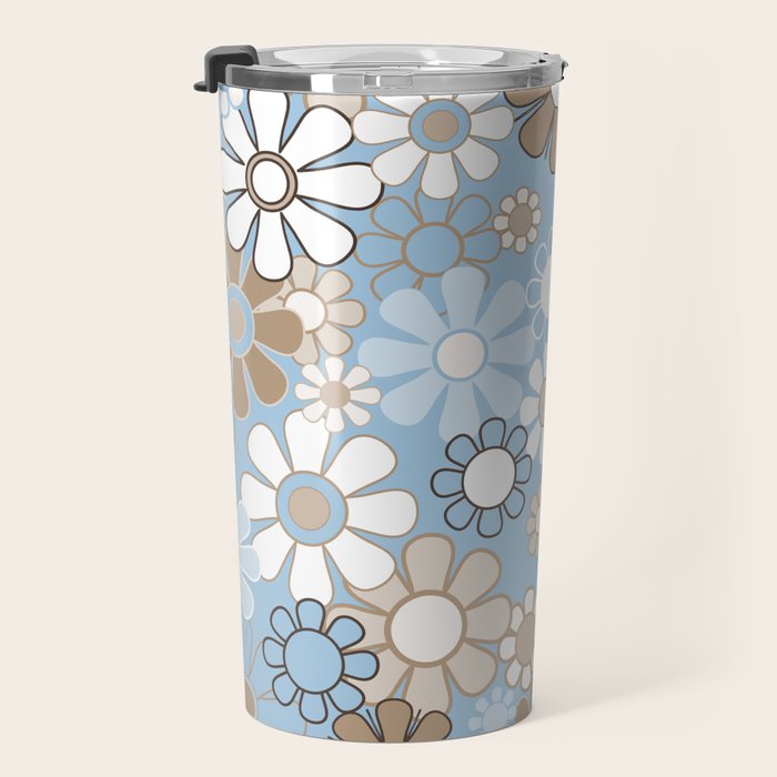 Floral Retro Garden Flower Pattern in Ice Blue Travel Mug Gallery Image 3