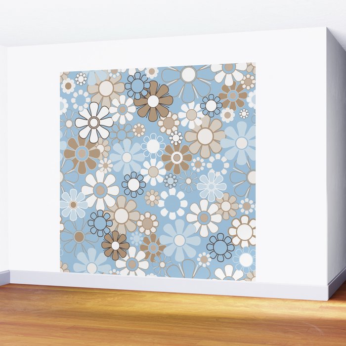 Floral Retro Garden Flower Pattern in Ice Blue Wall Mural Gallery Image 2